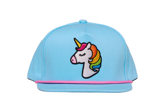 Baby blue hat with a 3-D embroidered unicorn design 