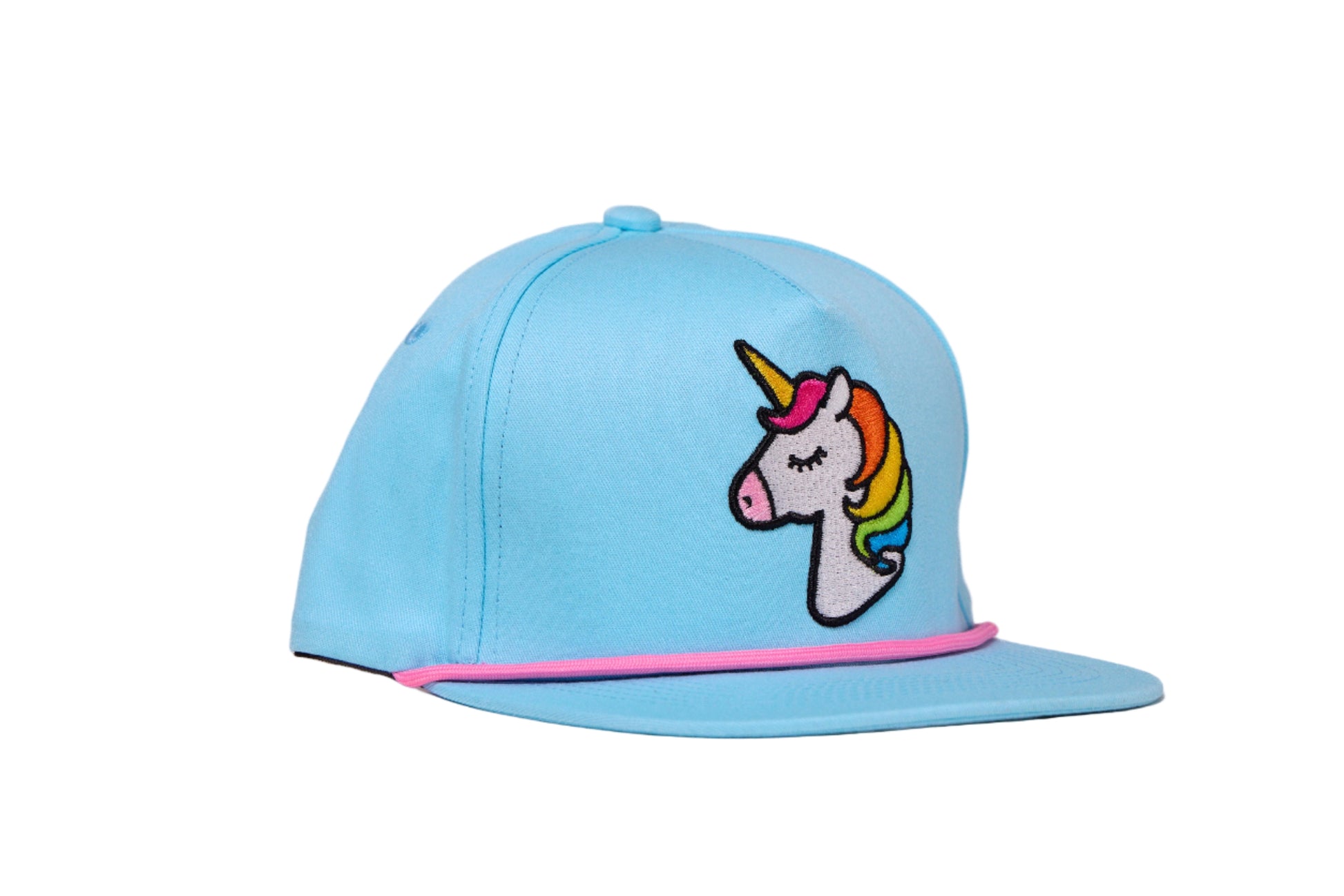Baby blue hat with a 3-D embroidered unicorn design 