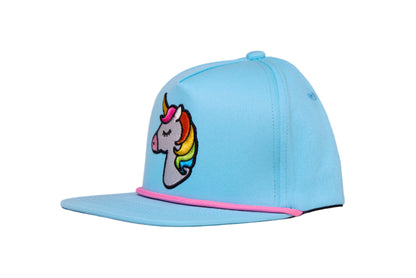 Baby blue hat with a 3-D embroidered unicorn design 