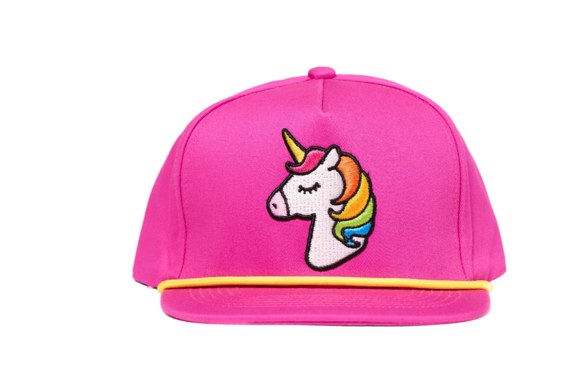 Fuchsia hat with a 3-D embroidered unicorn design 