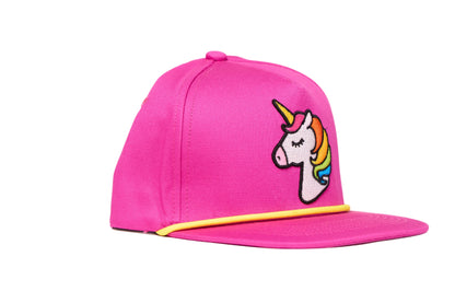 Fuchsia hat with a 3-D embroidered unicorn design 
