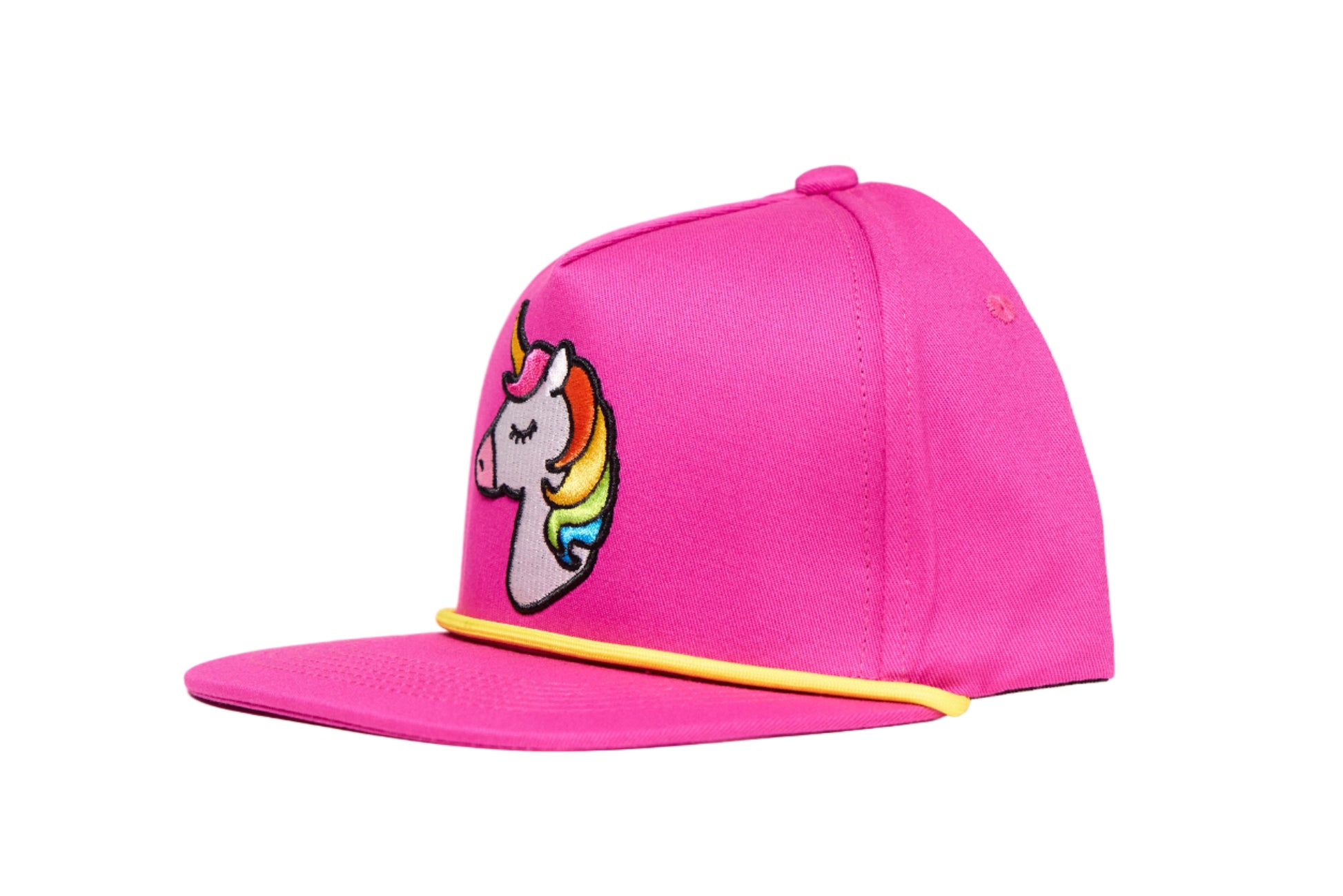 Fuchsia hat with a 3-D embroidered unicorn design 