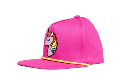 Fuchsia hat with a 3-D embroidered unicorn design 