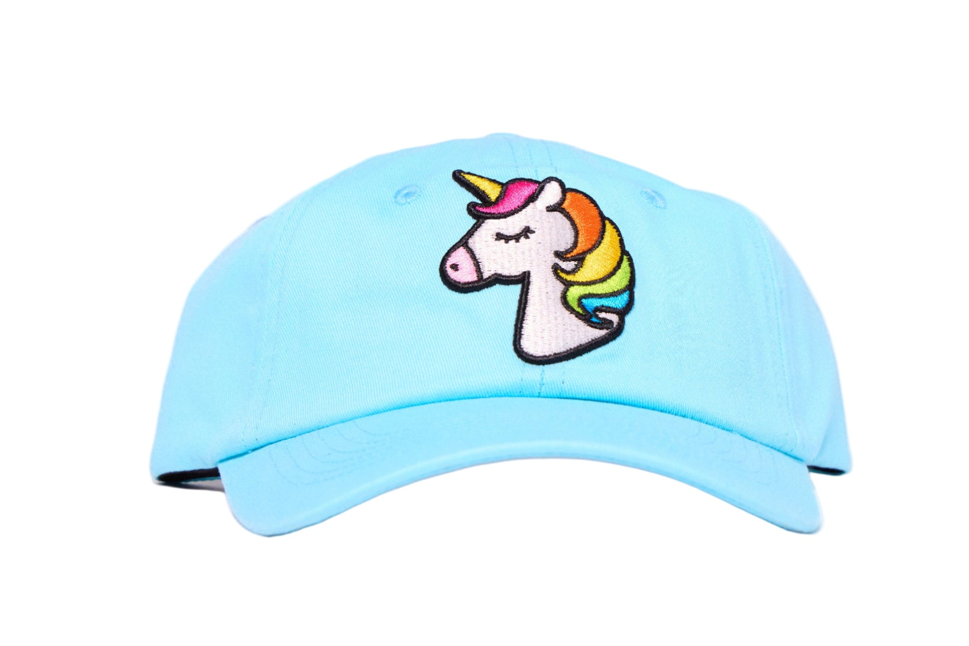 Baby blue dad hat with an embroidered unicorn design