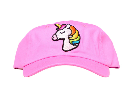 Light pink dad hat with an embroidered unicorn design