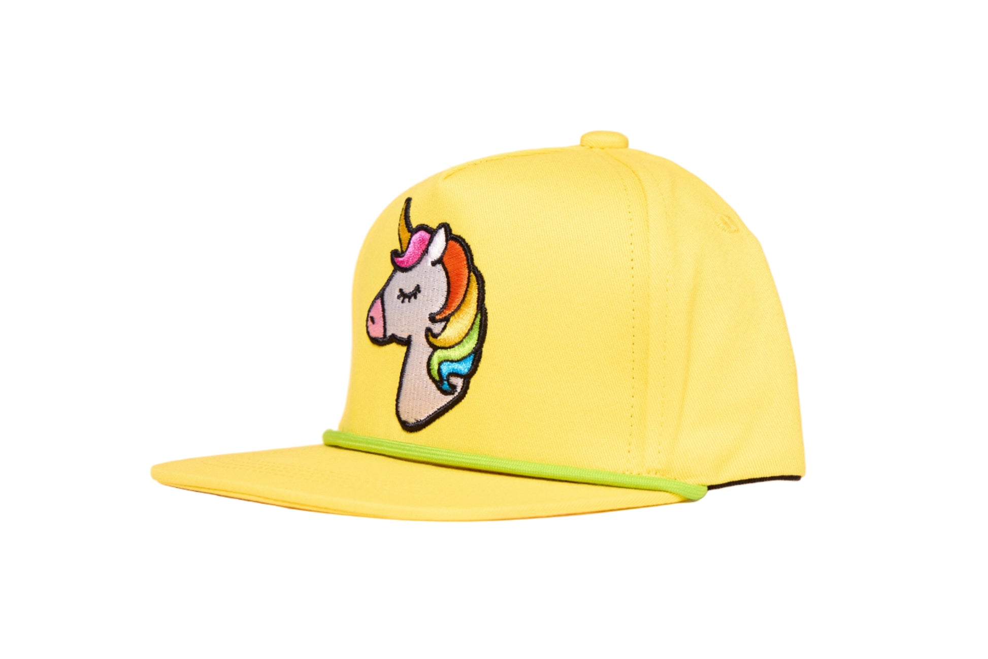 Yellow cap with a 3-D embroidered unicorn design 