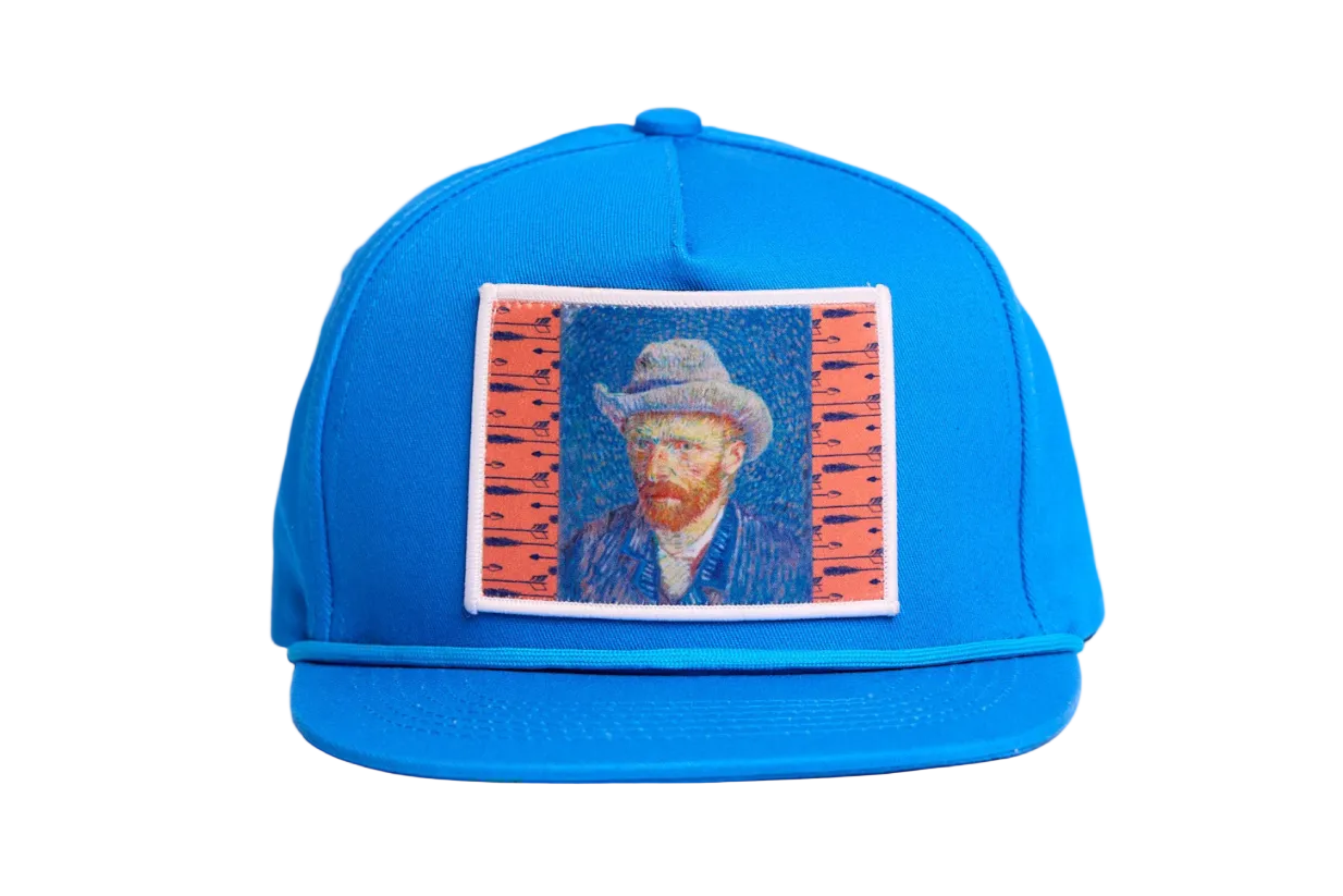 Blue flat-bill hat featuring a patch of Vincent Van Gogh's self portrait in grey felt hat