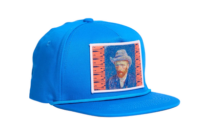 Blue flat-bill hat featuring a patch of Vincent Van Gogh's self portrait in grey felt hat