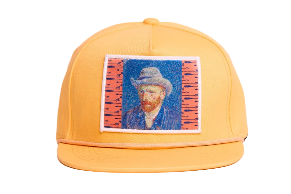 Orange flat-bill hat featuring a patch of Vincent Van Gogh's self portrait in grey felt hat
