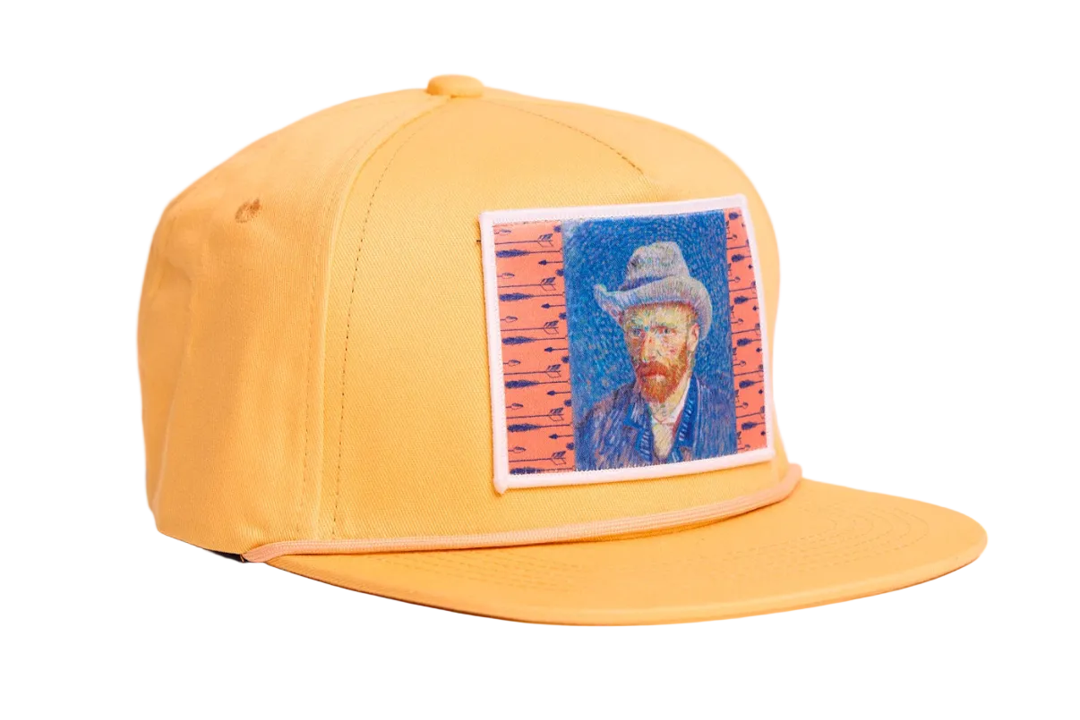 Orange flat-bill hat featuring a patch of Vincent Van Gogh's self portrait in grey felt hat