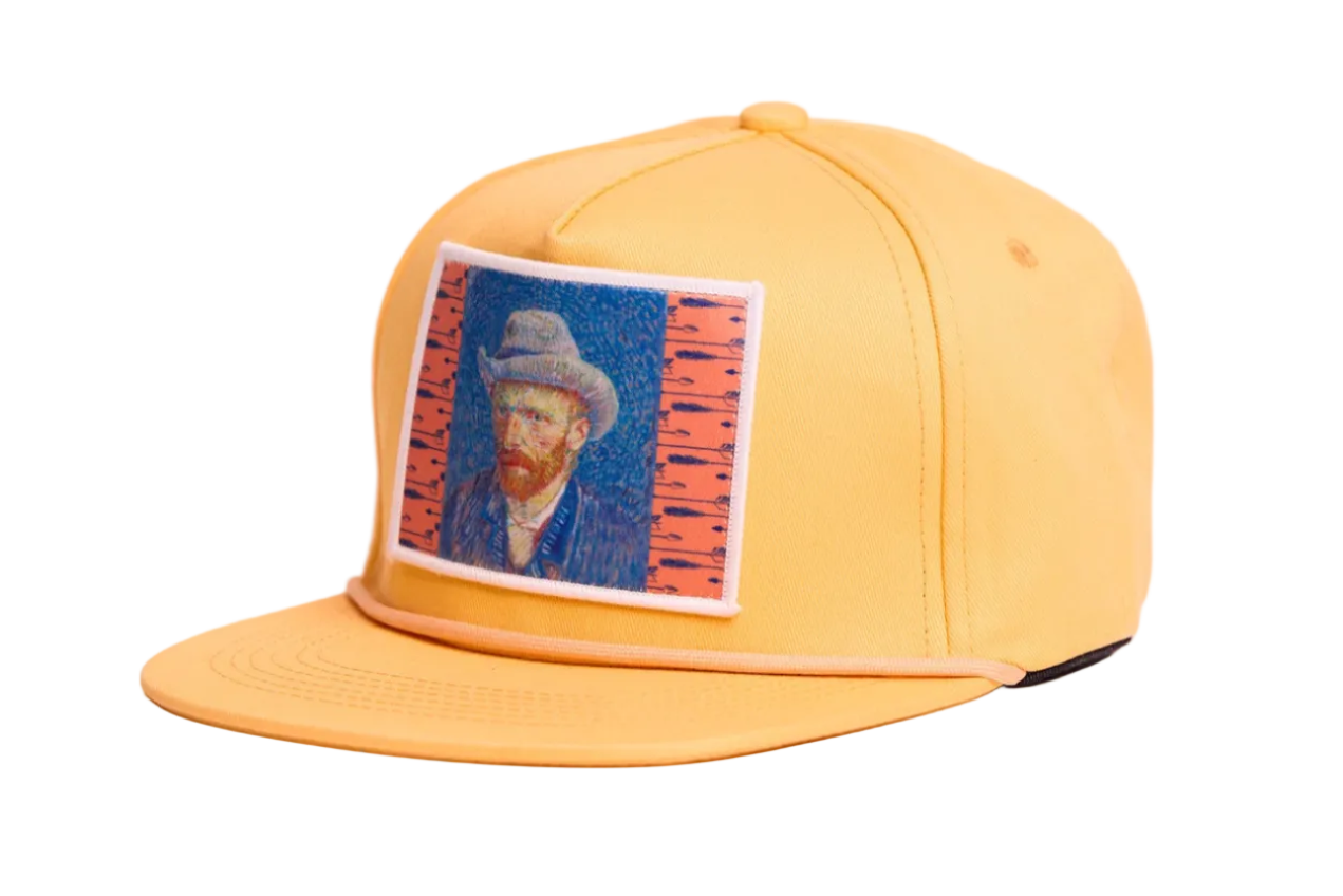 Orange flat-bill hat featuring a patch of Vincent Van Gogh's self portrait in grey felt hat