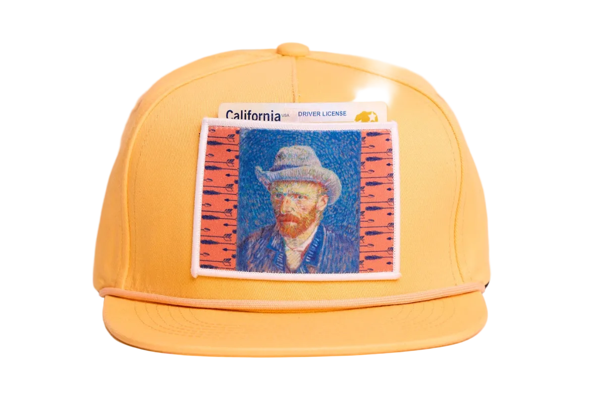 Orange flat-bill hat featuring a patch of Vincent Van Gogh's self portrait in grey felt hat