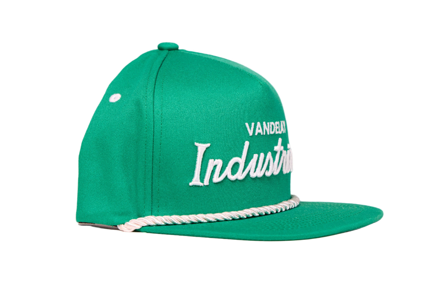 Green flat-bill hat with 'Vandelay Industries' written in 90s script