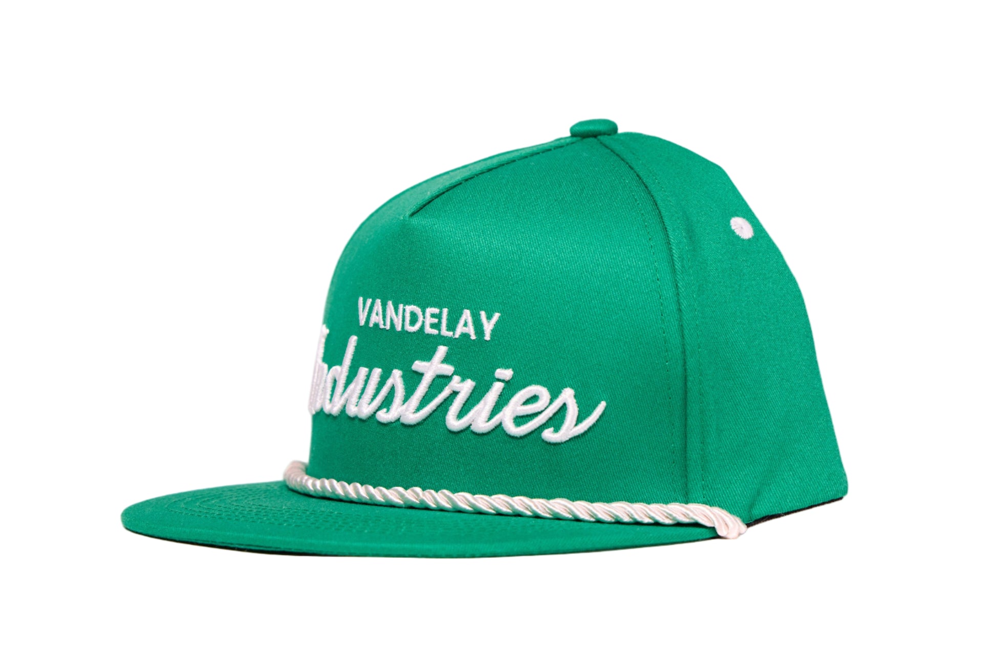 Green flat-bill hat with 'Vandelay Industries' written in 90s script