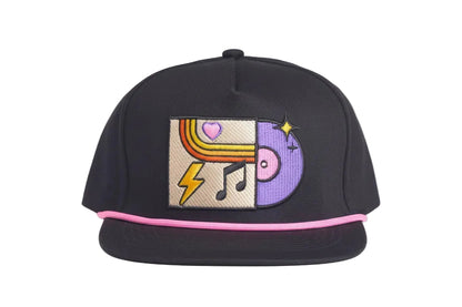 Black flat-bill hat with colorful embroidered graphic depicting a vinyl record album with a heart, lightning bolt, and music note