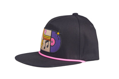 Black flat-bill hat with colorful embroidered graphic depicting a vinyl record album with a heart, lightning bolt, and music note
