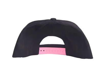 Black flat-bill hat with colorful embroidered graphic depicting a vinyl record album with a heart, lightning bolt, and music note