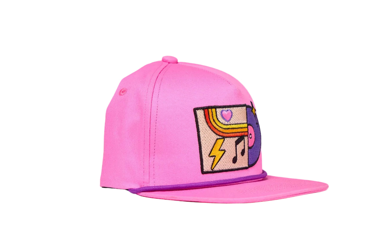 Pink flat-bill hat with colorful embroidered graphic depicting a vinyl record album with a heart, lightning bolt, and music note