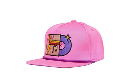 Pink flat-bill hat with colorful embroidered graphic depicting a vinyl record album with a heart, lightning bolt, and music note