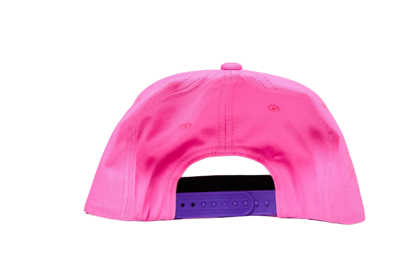 Pink flat-bill hat with colorful embroidered graphic depicting a vinyl record album with a heart, lightning bolt, and music note