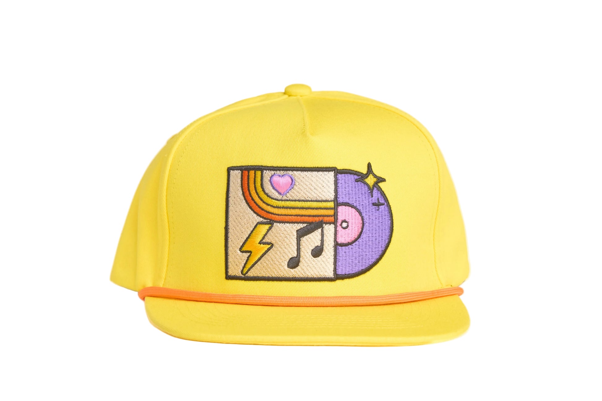 Yellow flat-bill hat with colorful embroidered graphic depicting a vinyl record album with a heart, lightning bolt, and music note