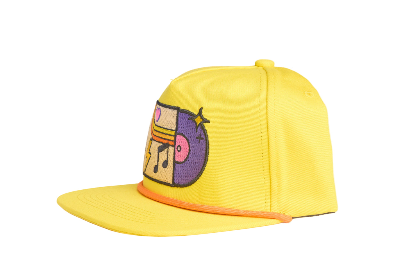 Yellow flat-bill hat with colorful embroidered graphic depicting a vinyl record album with a heart, lightning bolt, and music note