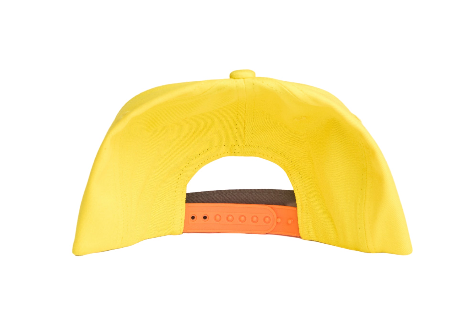 Yellow flat-bill hat with colorful embroidered graphic depicting a vinyl record album with a heart, lightning bolt, and music note
