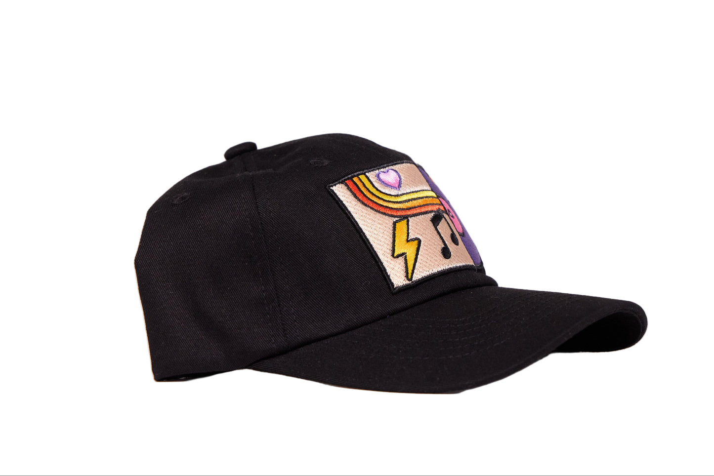 Dad hat in black with a colorful embroidered vinyl album logo