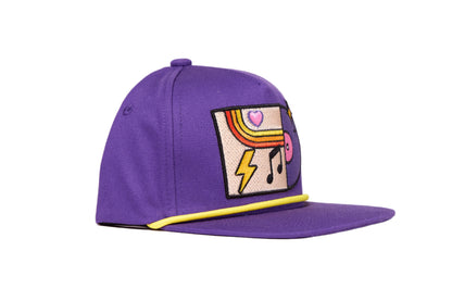 Purple hat with colorful embroidered graphic depicting a vinyl record album