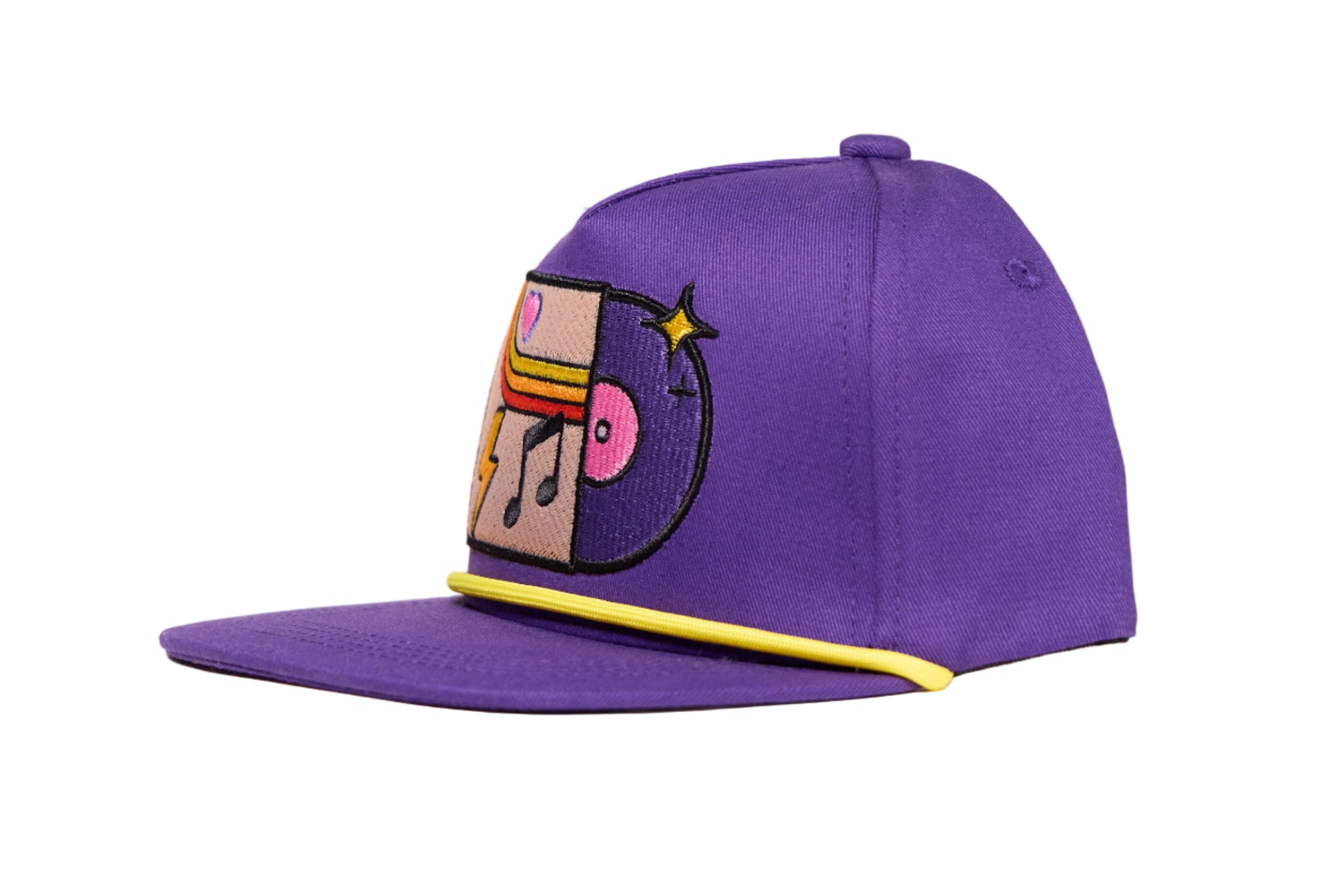 Purple hat with colorful embroidered graphic depicting a vinyl record album