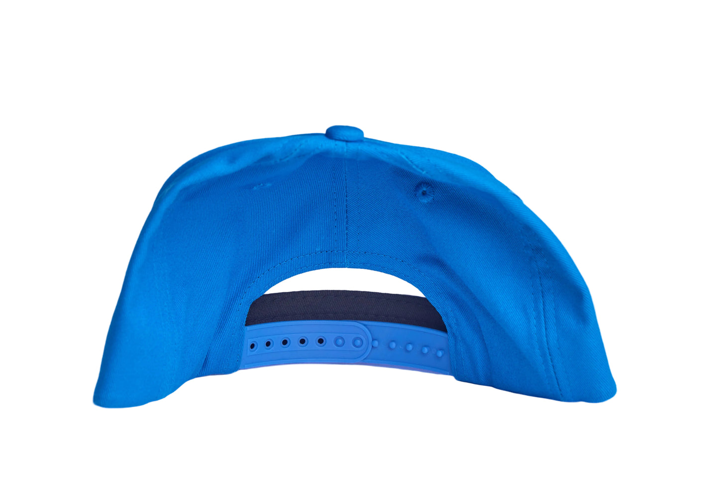 Blue flat-bill hat with a whale patch