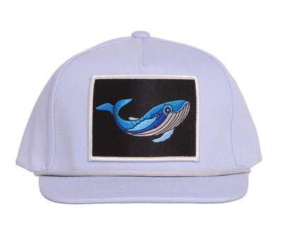 Grey flat-bill hat with a whale patch
