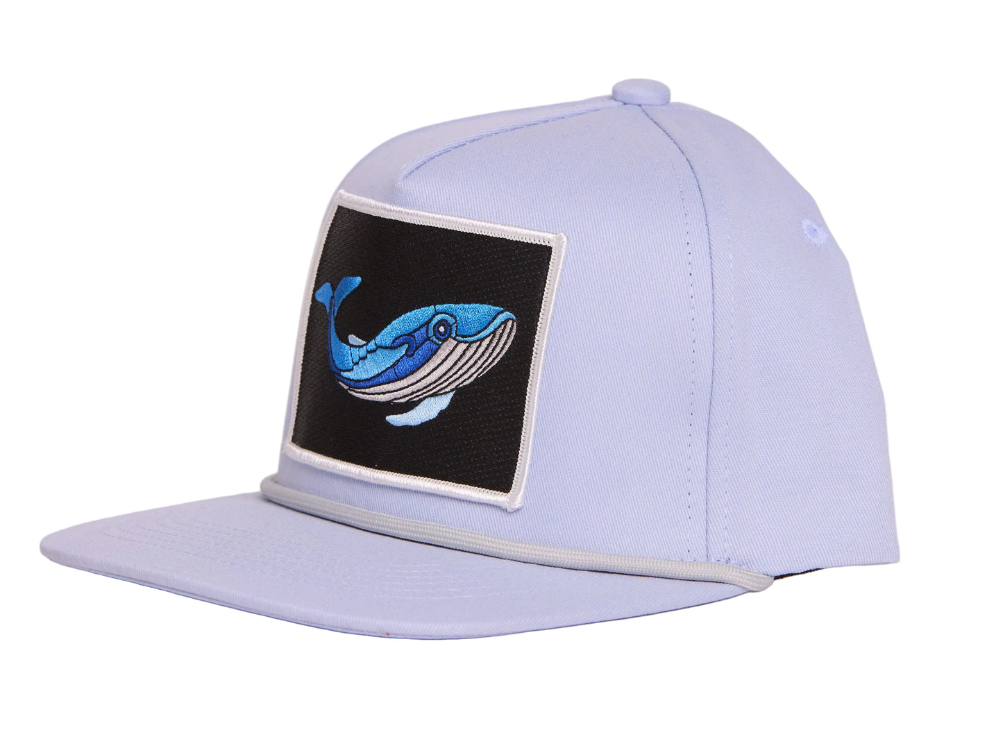 Grey flat-bill hat with a whale patch