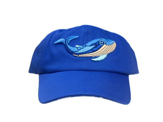 Blue youth-size dad hat featuring a 3-D embroidered whale
