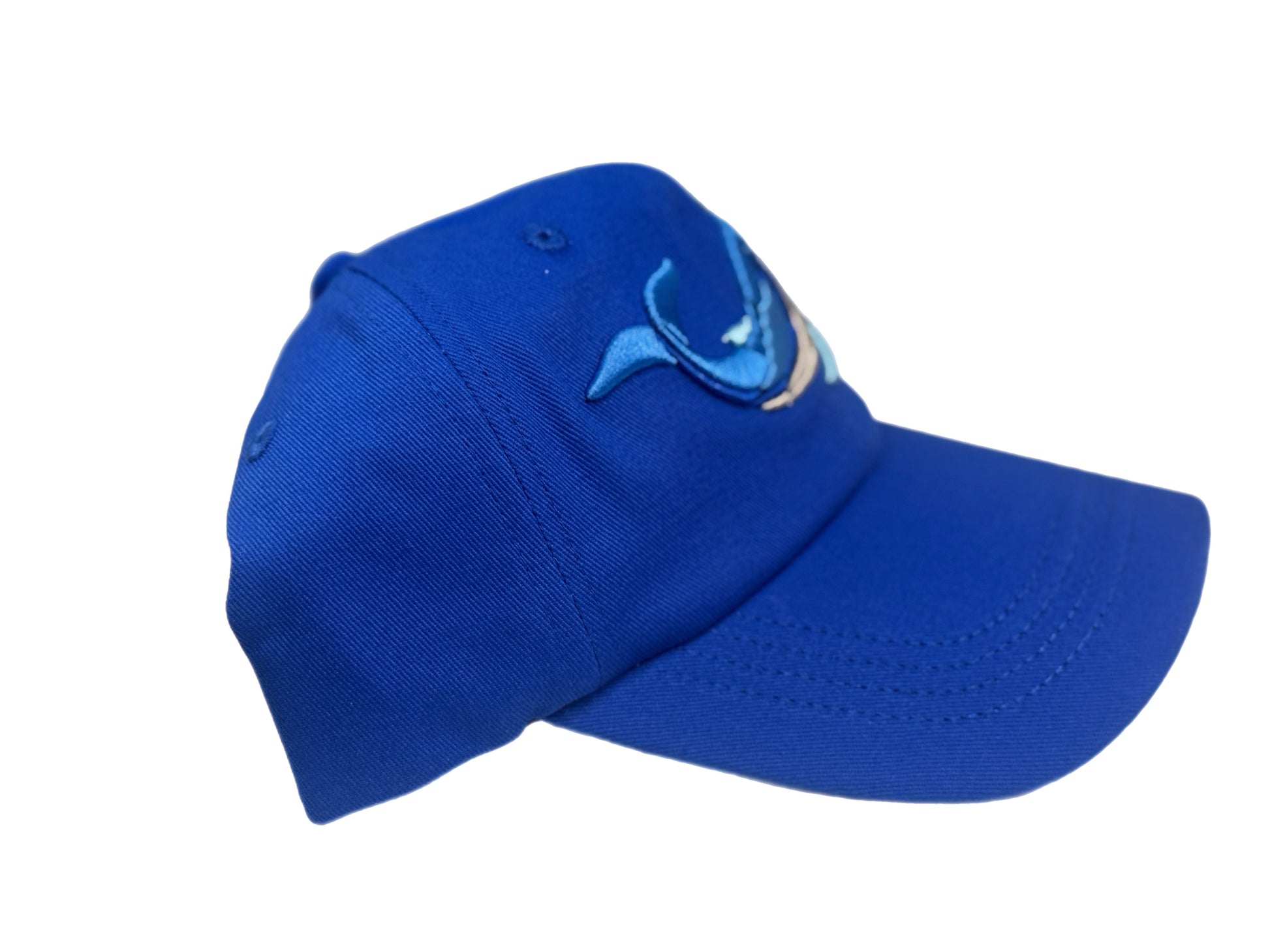 Blue youth-size dad hat featuring a 3-D embroidered whale