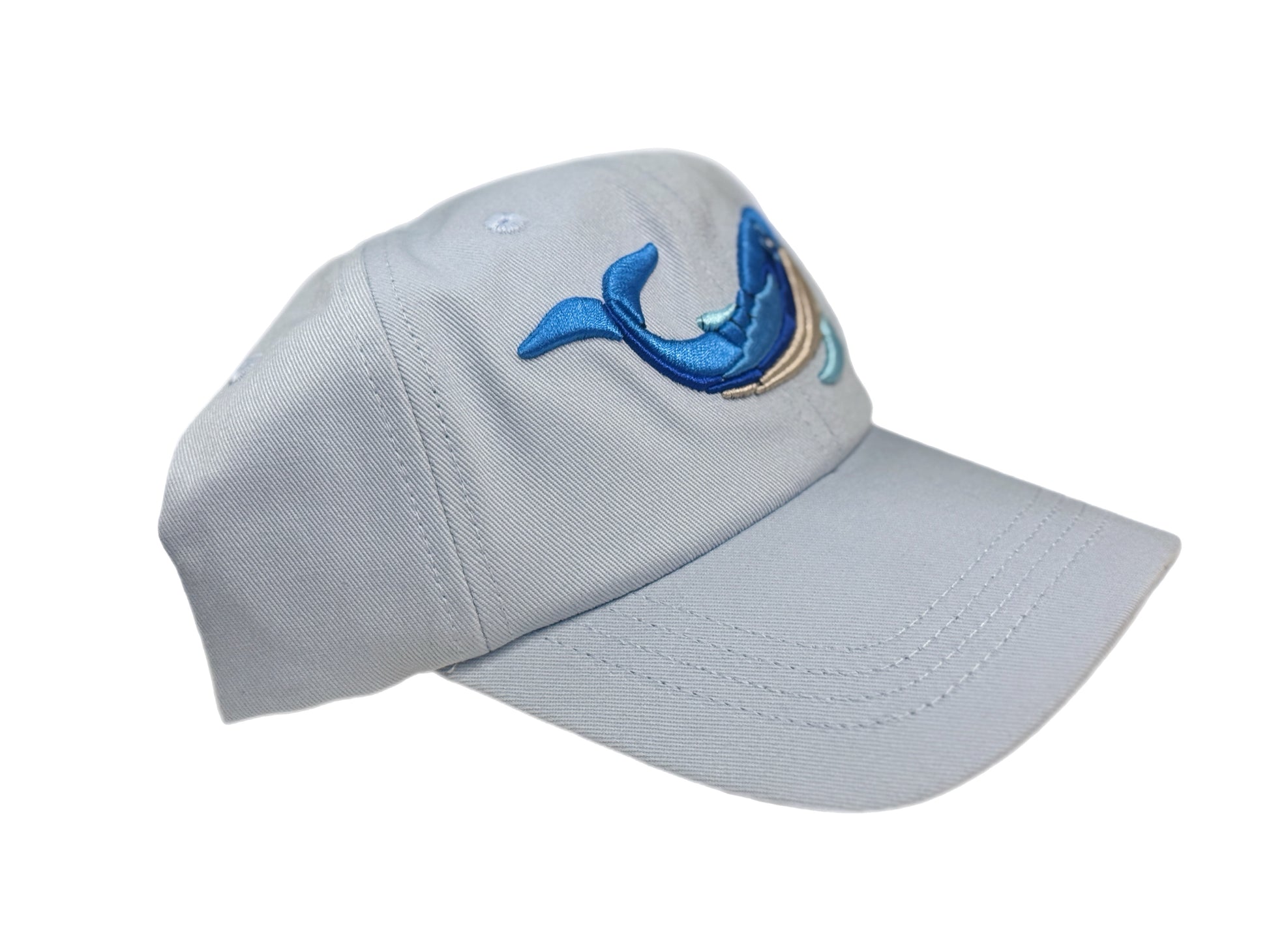 Gray youth-size dad hat featuring a 3-D embroidered whale